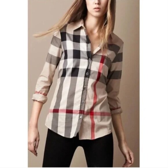 Burberry | Nova Check Plaid Button Down Shirt Tan Red Black | Size Small - Picture 12 of 12